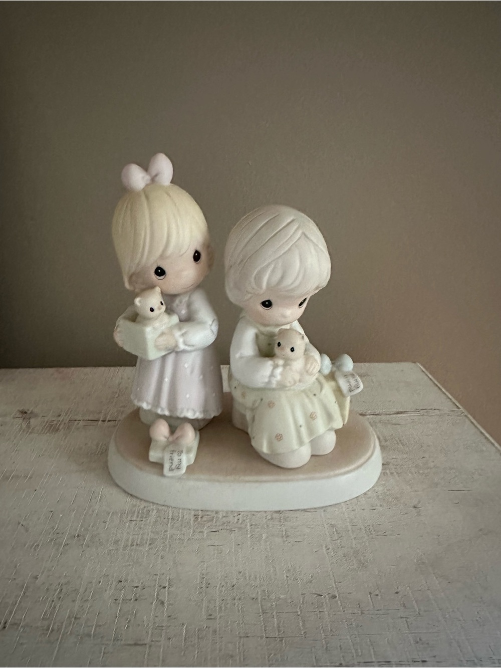 Precious Moments Girl and Boy Figurine Set in Pale Pastel
